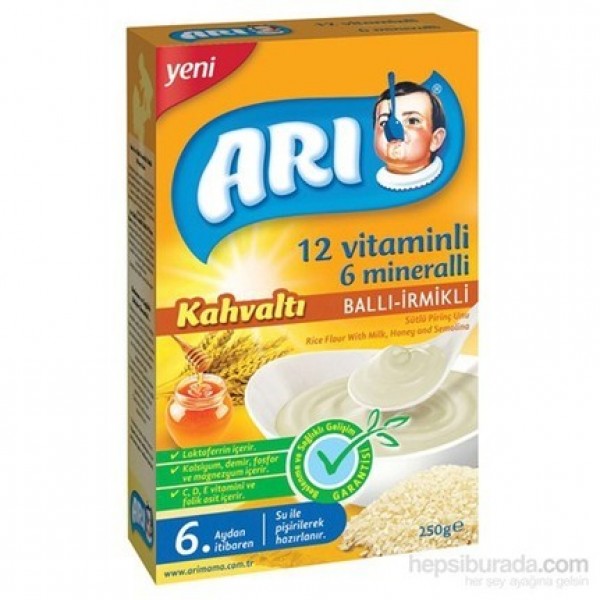 ARI MAMA 12 VİTAMİNLİ 6 MİNERALLİ  BALLI-SÜTLÜ İRMİKLİ  PİRİNÇ UNU 250GR