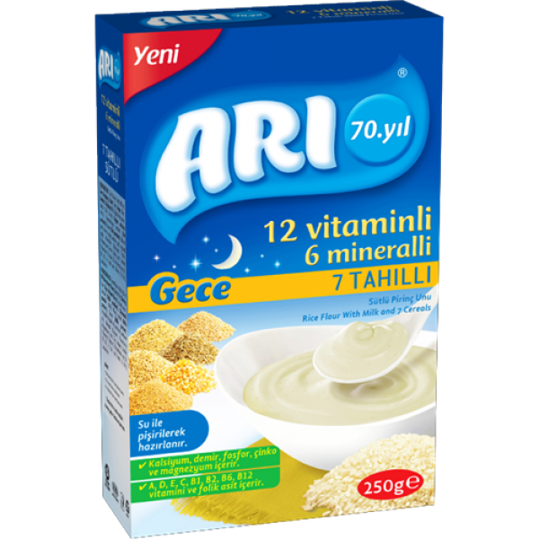 ARI MAMA 12 VİTAMİNLİ 6 MİNERALLİ  GECE 7 TAHILLI SÜTLÜ PİRİNÇ UNU 250GR