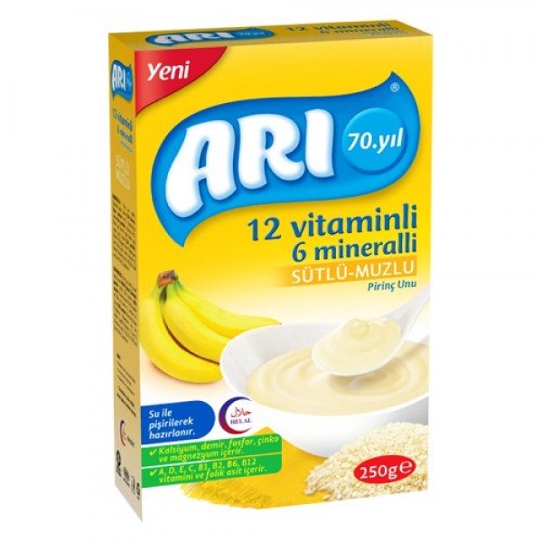 ARI MAMA 12 VİTAMİNLİ 6 MİNERALLİ  SÜTLÜ- MUZLU PİRİNÇ UNU 250GR