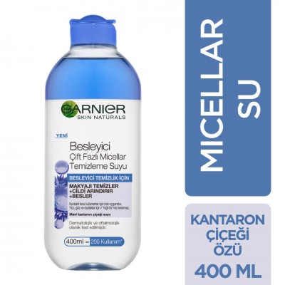 GARNIER BESLEYİCİ ÇİFT FAZLI MİCELELAR TEMZİLEME SUYU 400ML=200 KULLANIM GARNIER BESLEYİCİ ÇİFT FAZLI MİCELELAR TEMZİLEME SUYU 400ML=200 KULLANIM