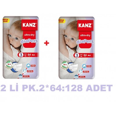 KANZ BEBEK BEZİ MEGA PAKET NO: 3 64'LÜ İKİ PAKET 128 ADET MİDİ 4-9KG KANZ BEBEK BEZİ MEGA PAKET NO: 3 64'LÜ İKİ PAKET 128 ADET MİDİ 4-9KG