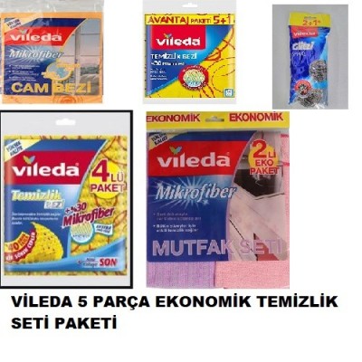 VİLEDA AVANTAJLI TEMİZLİK SETİ 5 PARÇA (mirofiber  cam bezi+2li mutfak bezi+5+1 li sarı bez+4 lü novalon bez+2+1 li bulaşık teli )