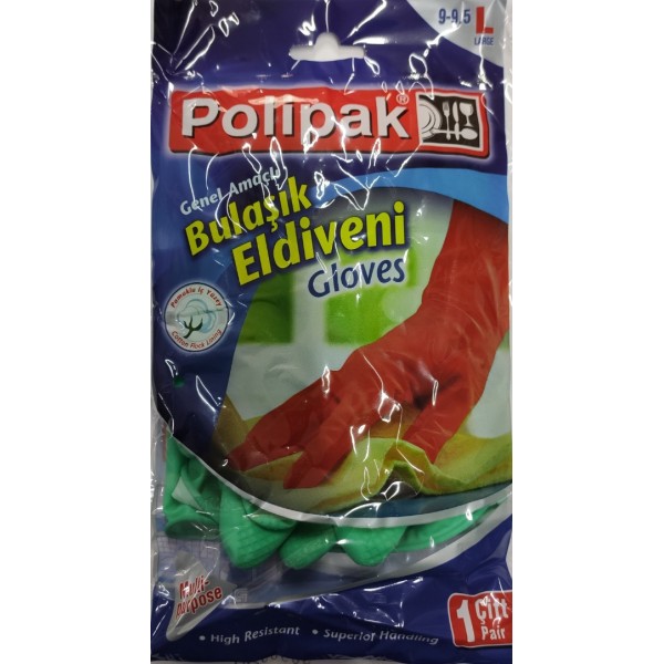 POLİPAK BULAŞIK ELDİVENİ 1 PK.ÇİFT PK.İÇİ. L BOY BÜYÜK 9-9,5