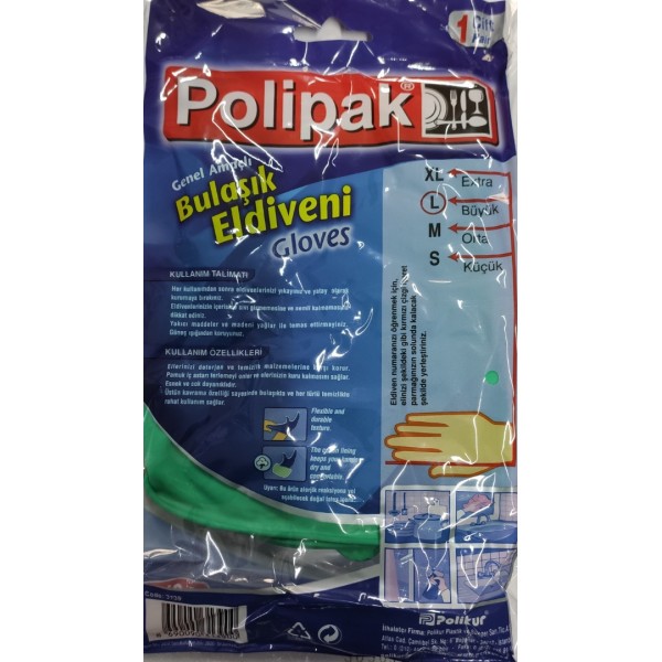 POLİPAK BULAŞIK ELDİVENİ 1 PK.ÇİFT PK.İÇİ. L BOY BÜYÜK 9-9,5