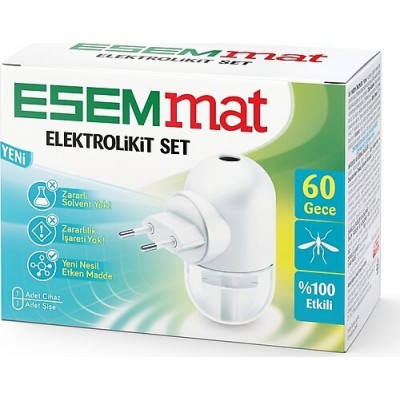 Esemmat Elektrolikit set 60 gece sivri sinek kovucu  45 gr (1 adet cihaz 1 adet şişe) Esemmat Elektrolikit set 60 gece sivri sinek kovucu  45 gr (1 adet cihaz 1 adet şişe)