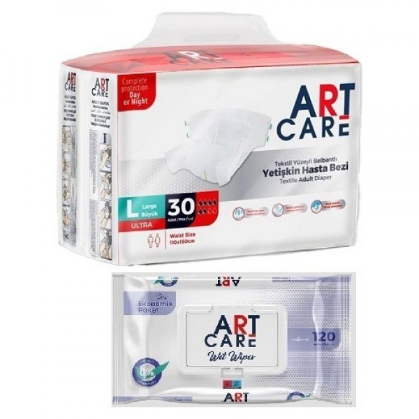 ART CARE ART CARE Yetişkin bel bantlı hasta bezi L boy 30lu 80*115cm + ISLAK HAVLU 120Lİ HEDİYELİ ART CARE ART CARE Yetişkin bel bantlı hasta bezi L boy 30lu 80*115cm + ISLAK HAVLU 120Lİ HEDİYELİ