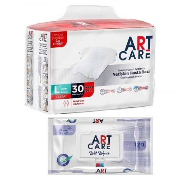 ART CARE ART CARE Yetişkin bel bantlı hasta bezi L boy 30lu 80*115cm + ISLAK HAVLU 120Lİ HEDİYELİ