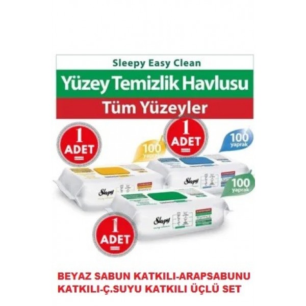 SLEEPY EASY CLEAN YÜZEY TEMİZLİK HAVLUSU 100LÜ BEYAZ SABUN KOKULU+ARAPSABUNU +Ç.SUYU KATKILI 3 LÜ SET