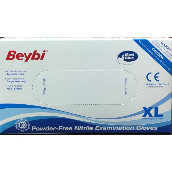 BEYBİ NİTRİL PUDRASIZ MUAYENE ELDİVEN 100 LÜ X-L LARGE EKSTRA BÜYÜK BOY