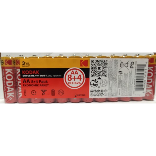 KODAK SUPER HEAVY DUTY ZINC  KALEM PİL 1,5V 8+4 :12 Lİ SHRİNK EKO PK.