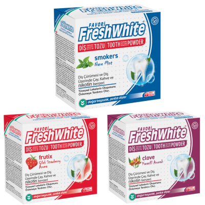 FOVARİ FRESH WHİTE DİŞ TOZU NANE-MİNT-ÇİLEK- KARANFİL AROMALI  3*50GR ÜÇLÜ SET FOVARİ FRESH WHİTE DİŞ TOZU NANE-MİNT-ÇİLEK- KARANFİL AROMALI  3*50GR ÜÇLÜ SET