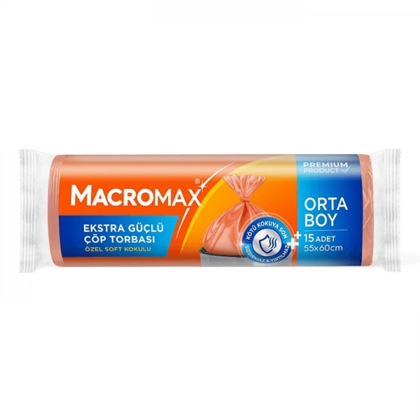 MACROMAX EKSTRA GÜÇLÜ ÇÖP TORBASI ORTA BOY 15Lİ 55*60CM ÖZEL SOFT KOKULU MACROMAX EKSTRA GÜÇLÜ ÇÖP TORBASI ORTA BOY 15Lİ 55*60CM ÖZEL SOFT KOKULU