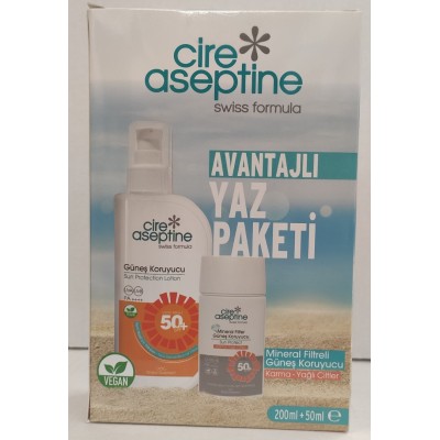 CİRE ASEPTİNE AVANTAJLI YAZ PAKETİ GÜNEŞ KORUYCU 50+SPF 200ML +MİNERAL FİLTRE GÜNEŞ KORUYUCU 50ML KARMA /YAĞLI CİLTLER