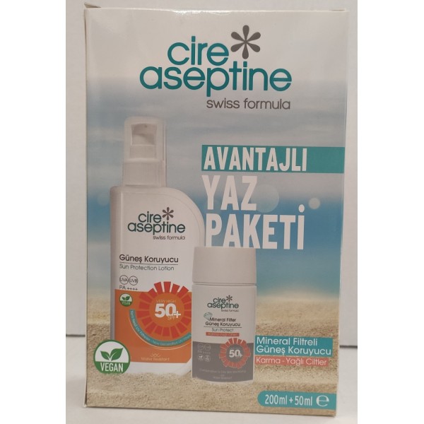 CİRE ASEPTİNE AVANTAJLI YAZ PAKETİ GÜNEŞ KORUYCU 50+SPF 200ML +MİNERAL FİLTRE GÜNEŞ KORUYUCU 50ML KARMA /YAĞLI CİLTLER