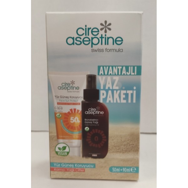 CİRE ASEPTİNE AVANTAJLI YAZ PAKETİ YÜZ GÜNEŞ KORUYCU 50+SPF 50ML KARMA /YAĞLI CİLTLER + BRONZLAŞTIRICI GÜNEŞ YAĞI 90ML