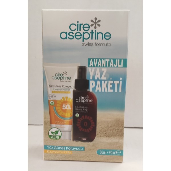 CİRE ASEPTİNE AVANTAJLI YAZ PAKETİ YÜZ GÜNEŞ KORUYCU 50+SPF 50ML KURU /NORMAL CİLTLER+ BRONZLAŞTIRICI GÜNEŞ YAĞI 90ML CİRE ASEPTİNE AVANTAJLI YAZ PAKETİ YÜZ GÜNEŞ KORUYCU 50+SPF 50ML KURU /NORMAL CİLTLER+ BRONZLAŞTIRICI GÜNEŞ YAĞI 90ML