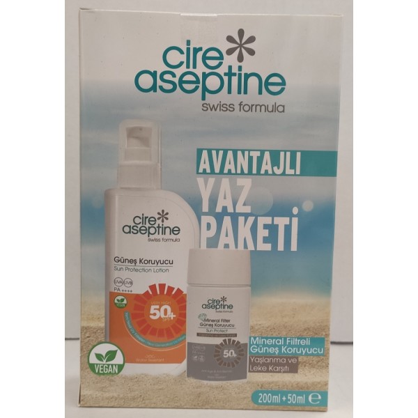 CİRE ASEPTİNE AVANTAJLI YAZ PAKETİ GÜNEŞ KORUYCU 50+SPF 200ML +MİNERAL FİLTRE GÜNEŞ KORUYUCU 50ML YAŞLANMA VE LEKE KARŞITI
