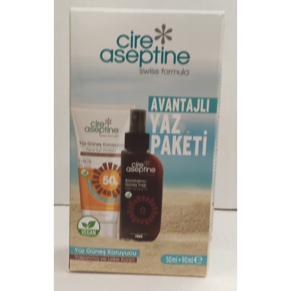 CİRE ASEPTİNE AVANTAJLI YAZ PAKETİ YÜZ GÜNEŞ KORUYCU 50+SPF 50ML YAŞLANMA VE LEKE KARŞITI + BRONZLAŞTIRICI GÜNEŞ YAĞI 90ML