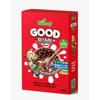 HÜNNAP GOOD KEÇİ SÜTLÜ ÇİKOLATALI GEVREK 240GR GLUTEN İÇERMEZ  LİF KAYNAĞI VİTAMİN D3-B12-B1-B2-B6-B9  ÇİNKO DEMİR