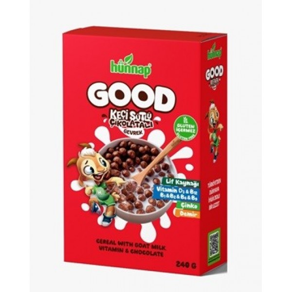 HÜNNAP GOOD KEÇİ SÜTLÜ ÇİKOLATALI GEVREK 240GR GLUTEN İÇERMEZ  LİF KAYNAĞI VİTAMİN D3-B12-B1-B2-B6-B9  ÇİNKO DEMİR